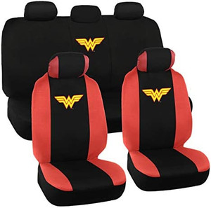 lot 63183 image: Wonder Woman Car Seat Covers - 7 Piece Set - Warner Brothers Polyester Seat Protectors Black & Red