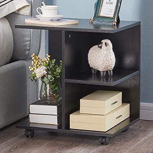 lot 63197 image: Nightstand End Side Table with Rolling Wheels, Bedside Table with Open Shelf, Night Table Printer Stand Storage Shelf, Black
