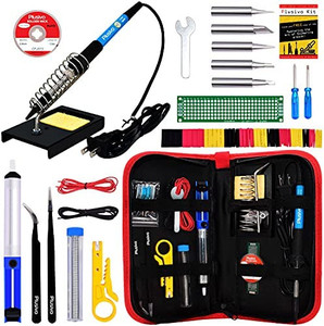 lot 63216 image: Soldering Iron Kit - Soldering Iron 60 W Adjustable Temperature, Solder Wire, Tweezers, Soldering Iron Stand, Soldering Iron Tips Set, Desoldering Pump, Solder Wick, Heatshrink Tubes 110 V, US Plug