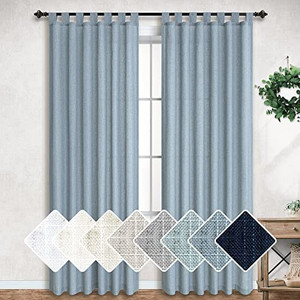 lot 63224 image: Grey Blue Curtains 84 Inch Length for Bedroom 2 Panels Set Tab Top Light Filtering Semi Sheer Linen Textured Country Blue Farmhouse Curtains for Living Room Dining Dusty Blue Gray Drapes 52x84 Long
