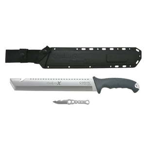 lot 39127 image: Camillus Carnivore-X 18 Machete 12 Cutting Blade 10 Saw Gray Handle Molded Sheath Bonus Trimming Blade