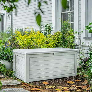 lot 39142 image: 165 Gallon Weather Resistant Resin Deck Storage Container Box Outdoor Patio Garden Furniture White