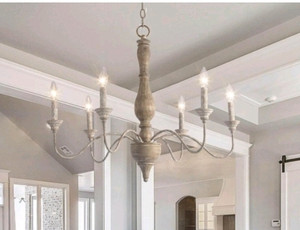 lot 38544 image: THE GRAY BARN FARMHOUSE 6 LIGHT DISTRESSED WOOD CHANDELIER