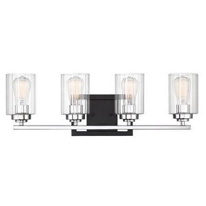lot 38621 image: Savoy House 8-2154-4-67 Redmond 4 Light Bathroom Vanity Light in a Matte Black Finish and Polished Chrome Accents with Clear Ribbed Glass (28 W x 9.25 H)