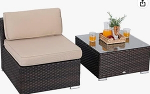 lot 38582 image: PHI VILLA 2 Piece Outdoor Patio Furniture Set, All Weather Wicker Sectional Sofa Set with Armless Chairs and Glass Table (Beige)Retail $199.69