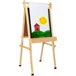 lot 38821 image: Fundamentals Art Easel For Toddlers - Child Safe and Includes Chalkboard Dry Erase White Board and Paper Roll with Paper Clamp - Adjustable Height of 36.5 to 51 - Wood Frame