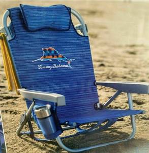 lot 38842 image: Tommy Bahama 5 Position Classic Lay Flat Folding Backpack Beach Chair