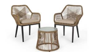 lot 35436 image: GDF STUDIO FROMBERG OUTDOOR WICKER 3 PIECE CHAT SET WITH CUSHION LIGHT BROWN AND BEIGE