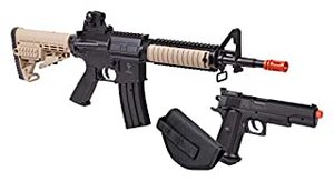 lot 38713 image: GAME FACE GFR37PKT Warrior Protection Spring-Powered Single-Shot Airsoft Rifle And Pistol Kit With Black Pistol Holster And Ammo, EarthBlack (B079VJF51F)