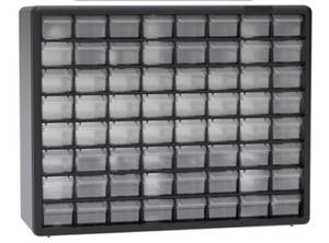 lot 38973 image: AKRO-MILLS 10164, 64 DRAWER PLASTIC PARTS STORAGE HARDWARE AND CRAFT CABINET MIISING 1 DRAWER