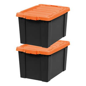 lot 40132 image: IRIS USA 19 Gallon Store-It-All Tote 2 Pack Black with Orange lid and buckle