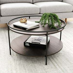 lot 40134 image: Nathan James Paloma Round Coffee Table for Tea or Cocktail 2-Tier Minimalist Tray Top Edge Dark OakMatte Black
