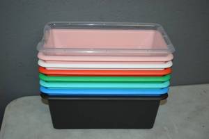 lot 407 image: 8 Multi Colored Plastic Storage Bins - 13 x 8 x 5
