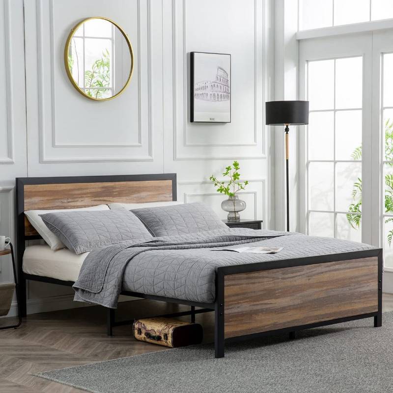 lot 19184 image: Full Bed Frame with Wooden Headboard  No Box Spring Needed Heavy Duty Metal Platform  9 Stable Leg  Noise Free  Easy Assembly