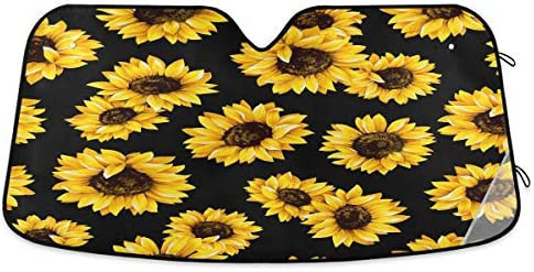 lot 38006 image: Car Windshield Sunshade Sunflower Black Pattern, Blocks Sun Visor Protector Foldable Sun Shield Keep Your Vehicle Cool, Fits Windshields of Most Sizes