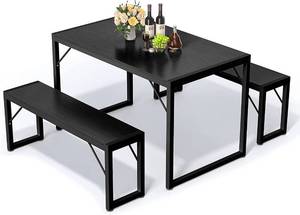 lot 19190 image: Dining Table Set for 4, Modern Kitchen Table Set with 2 Benches, 45.5in 3-Piece Soho Dining Room Table Set with Metal Frame and MDF Board, Sturdy Structure, Space-Saving Furniture (Black)