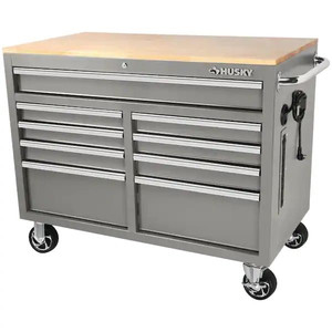 lot 19191 image: $$$ Husky - 46 in. W x 24.5 in. D Standard Duty 9-Drawer Mobile Workbench Tool Chest with Solid Wood Top in Gloss Gray