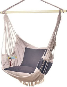 lot 13608 image: Bdecoru Hanging Hammock Chair Large Swing Chair  Sitting and Reclining Positions  2-Layer Fabric for Extreme Durability  2-Tone Beige and Gray Plus 2 Cushions and Side Pocket  IndoorOutdoor Use
