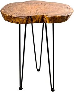 lot 13609 image: Natural Wooden Edge End Table, Hurricom Rustic Old Round Wood Side Table Nightstand Accent Table with Hairpin Legs, 20 inch Tall