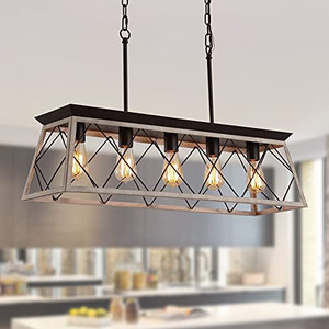 lot 13611 image: Q&S Dining Room Chandelier Light Fixtures,Farmhouse Rustic Vintage Antique Linear Chandeliers Pendant Ceiling Light Fixture for Kitchen Island Bar Office Coffee Shop 5-Lights Oak and ORB UL Listed