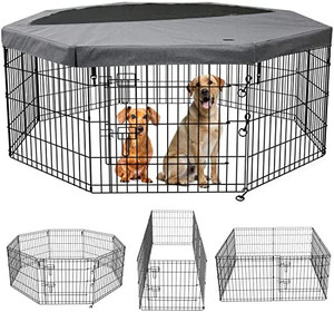 lot 13620 image: PETIME Foldable Metal Dog Exercise Pen  Pet Puppy Playpen Kennels Yard Fence IndoorOutdoor 8 Panel 24 Inch with Top CoverBottom Pad