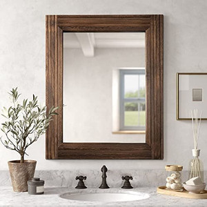 lot 13625 image: YOSHOOT Hand-Made Wooden Spliced Wall Mirror for Bathroom, Rustic Farmhouse Vanity Mirror, Dcor Wall Art, Solid Wood Frame, Vertical or Horizontal Hanging