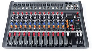 lot 13629 image: Pro 12 Channels Live Audio Mixer Bluetooth USB DJ Sound Mixing Console Amplifier with 3 Stage Equalization Regulate 6 Modes Of Music for Family Ktv, Campus Speech, Meeting Etc