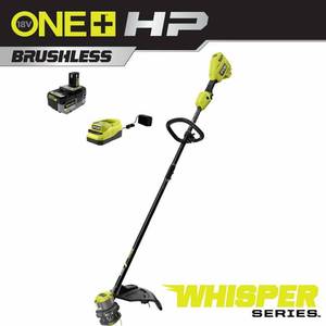 lot 23541 image: RYOBI ONE HP 18V Brushless Whisper Series 15 in. Cordless Battery String Trimmer with 6.0 Ah Battery and Charger