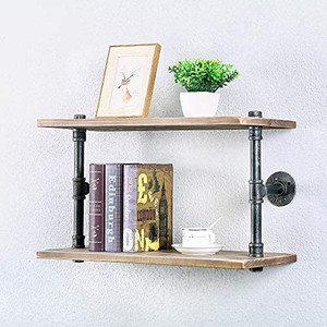 lot 23548 image: (2 Tier - 24in - IPS2) Industrial Pipe Shelving, Industrial Floating Shelves, 100% Pine Solid Wood, Galvanized Steel