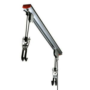 lot 23581 image: Rail Mount Bike Hoist  Ceiling Storage Rack - Bicycle or Ladder Hoist with Rope and Pulley System Rubber Coated Hooks Lock Mechanism by RAD Cycle