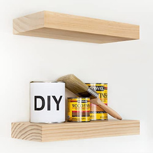 lot 23585 image: Homeforia Rustic Farmhouse Floating Shelves, Bathroom Wooden Shelves for Wall Mounted, Thick Industrial Kitchen Wood Shelf - 16 x 6.5 x 1.75 inch - Set of 2 - Unfinished - No Stain - DIY