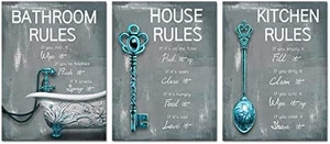 lot 23587 image: Kitechaser 3 Pcs House Kitchen Bathroom Rules Wall Art Old-fashion Spoon Bathtub Key on Rustic Backdrop Picture Painting Modern Gallery Wrapped for Living Room Bedroom Home Wall Bathroom Decoration