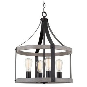 lot 23588 image: Kira Home Shiloh 17.5 4-Light Modern Farmhouse Pendant Chandelier Adjustable Height Gray Oak Wood Style  Black