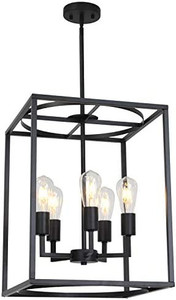 lot 23597 image: BONLICHT 5 Light Large Farmhouse Chandelier Rustic Dining Room Lighting Fixtures Hanging,Black Foyer Square Cage Pendant Lighting Vintage Industrial Kitchen Island Ceiling Lamp with Metal Art Shade