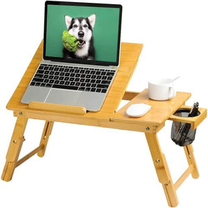 lot 33582 image: Foldable Bed Tray Breakfast Table with 5 Angles Tilting Top, Height Adjustable Laptop Stand with Storage Net
