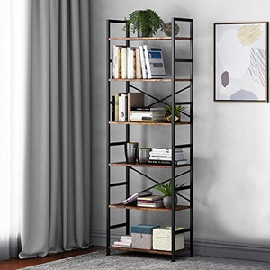 lot 33589 image: 6 Tier Tall Rustic Wood Bookshelf, Metal Frame Standing Bookcase, Open Back Modern Office Bookcases, Industrial Vintage Book Shelf Unit