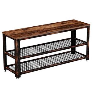 lot 33623 image: Rolanstar Shoe Bench, 3-Tier Shoe Rack 39.4�, Storage Entry Bench with Mesh Shelves Wood Seat, Rustic Foyer Bench for Hallway Front Door, Doorway, Living Room, Mudroom, Steel Frame, Rustic Brown