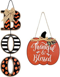 lot 33628 image: Halloween Boo Sign for Front Door Fall Door Decoration Thanksgiving Wood Pumpkin Thankful and Blessed Sign Halloween Welcome Wooden Door Hangers Harvest Fall Hanging Wall Door Decoration