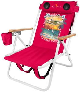 lot 33638 image: Margaritaville Folding Chair with Wireless Speakers, Beach Chair with Waterproof Wireless Speakers, 5 Hour Playback Time, 20 Foot Bluetooth Range, Cup Holder, Backpack, Padded Head and Neck Rest