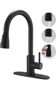 lot 43718 image: BESy Brass Single Handle Kitchen Faucet with Pull Down Sprayer,Rv High-Arc Kitchen Sink Faucet with Pull Out Sprayer,Single Lever 3 Function Laundry Room Faucet,Matte Black (1 or 3 Hole)
