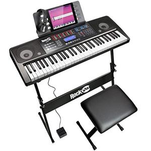 lot 43723 image: RockJam 61 Key Touch Display Keyboard Piano Kit with Digital Piano Bench, Electric Piano Stand, Headphones Piano Note Stickers, Sustain Pedal & Simply Piano Lessons