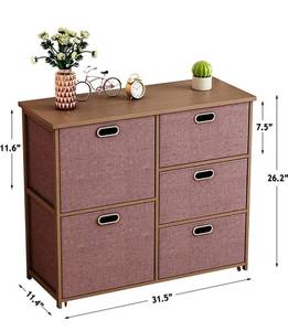 lot 43675 image: Bamboo Nightstand with 5 Drawers, Bedside Furniture & Accent End Table Storage Tower with Wheels for Bedroom, Living Room, Office, College Dorm, Hallway, Entryway (Dark Brown)