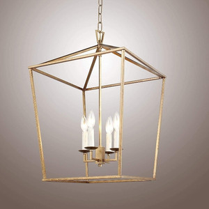 lot 43676 image: H25 X W17 Gold Cage Large Lantern Iron Art Design Candle-Style Chandelier Pendant, Ceiling Light Fixture