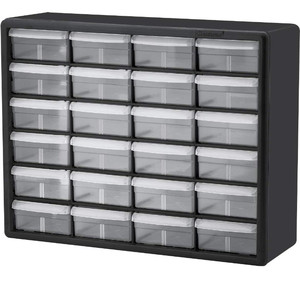 lot 43699 image: Akro-Mils 10124, 24 Drawer Plastic Parts Storage Hardware and Craft Cabinet, 20-Inch W x 6-Inch D x 16-Inch H, Black