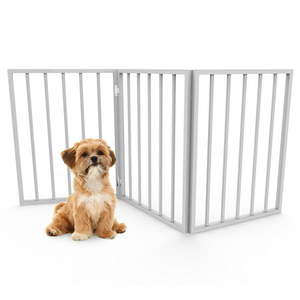 lot 10286 image: Pet Gate �� Dog Gate for Doorways Stairs or Rooms �� 24-inch Freestanding Folding Accordion Style Wooden Indoor Dog Fence by PETMAKER (White)