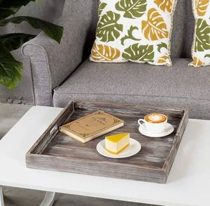 lot 10292 image: MyGift Torched Wood Large Serving Tray with Handles, 19 Inch Square Decorative Tray for Ottoman, Breakfast, Tea, Coffee Table