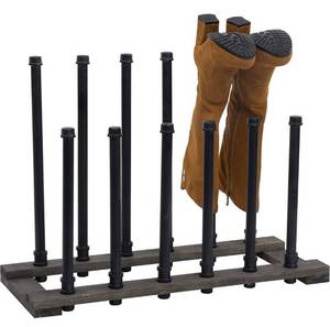 lot 10299 image: MyGift Industrial Black Metal Pipe & Rustic Grey Wood Freestanding Boot Holder Stand, 6 Pair Capacity Shoe Storage Rack Organizer