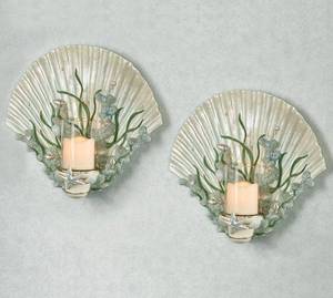 lot 10302 image: Retails $129.00 Shimmer Reef Wall Sconces - Set of Two - Ocean Themed Candle Holder - Coral, Seashell, Bubble - Glass Hurricane Shade - Decorative Beach Sconce Pair for Bedroom, Bathroom, Living Room - 16 Inches High