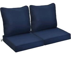 lot 10308 image: Retails $159.99 AAAAAcessories Outdoor Deep Seat Cushions for Patio Furniture, Water-Resistant Replacement Patio Chair Cushions Set of 2, 24 x 24 x 5 inch, Navy Blue