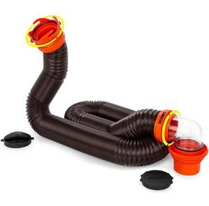 lot 10326 image: Camco RhinoFLEX RV Sewer Hose Kit with Swivel Transparent Elbow and 4-in-1 Dump Station Fitting, Brown, 15 Feet (39770)